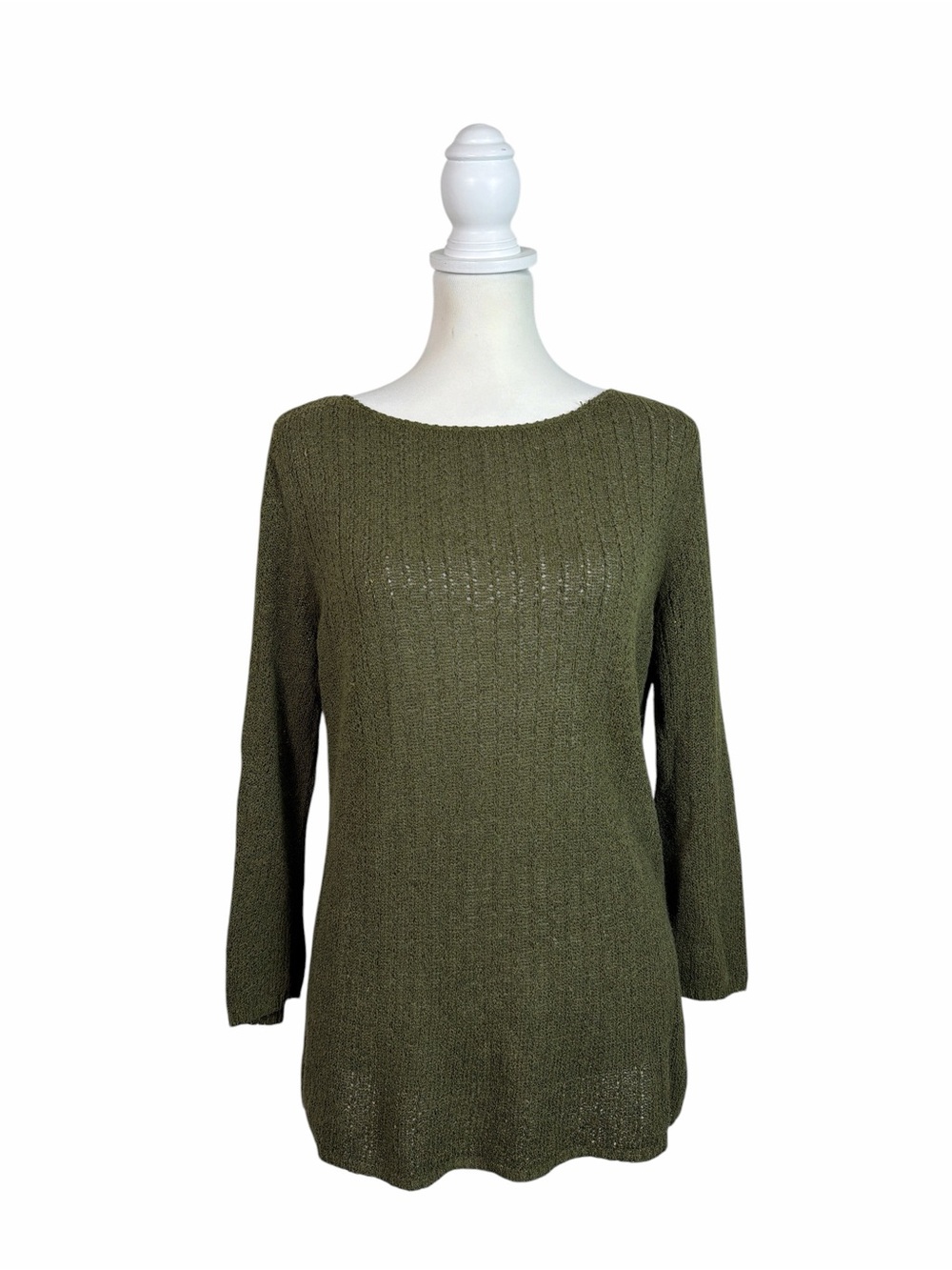 Norton McNaughton Olive Green Open Knit Sweater Women’s M Boat Neck Ramie Rayon
